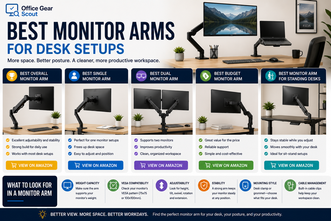 Best monitor arms guide image featuring single monitor arms, dual monitor arms, desk monitor mounts, budget monitor arms, standing desk monitor arms, and modern ergonomic workspace setups.