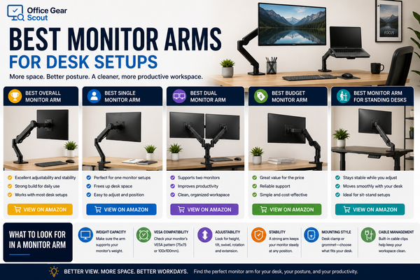 Best monitor arms guide image featuring single monitor arms, dual monitor arms, desk monitor mounts, budget monitor arms, standing desk monitor arms, and modern ergonomic workspace setups.