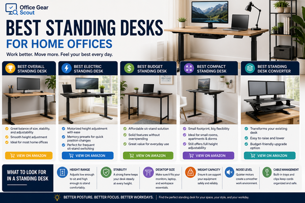 Best standing desks guide image featuring electric standing desks, budget standing desks, compact standing desks, standing desk converters, sit-stand desks, and modern home office workstations.