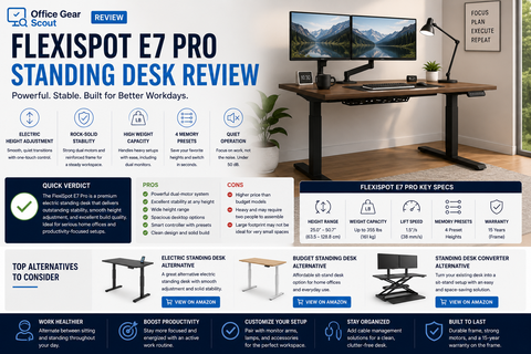 FlexiSpot E7 Pro Standing Desk review image featuring an electric standing desk, adjustable workstation, monitor setup, cable management, and standing desk alternatives.