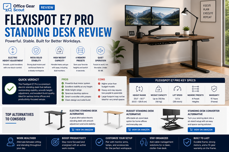 FlexiSpot E7 Pro Standing Desk review image featuring an electric standing desk, adjustable workstation, monitor setup, cable management, and standing desk alternatives.