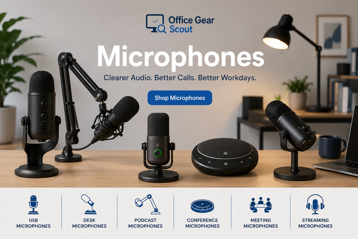 USB and desk microphones arranged in a modern creator workspace