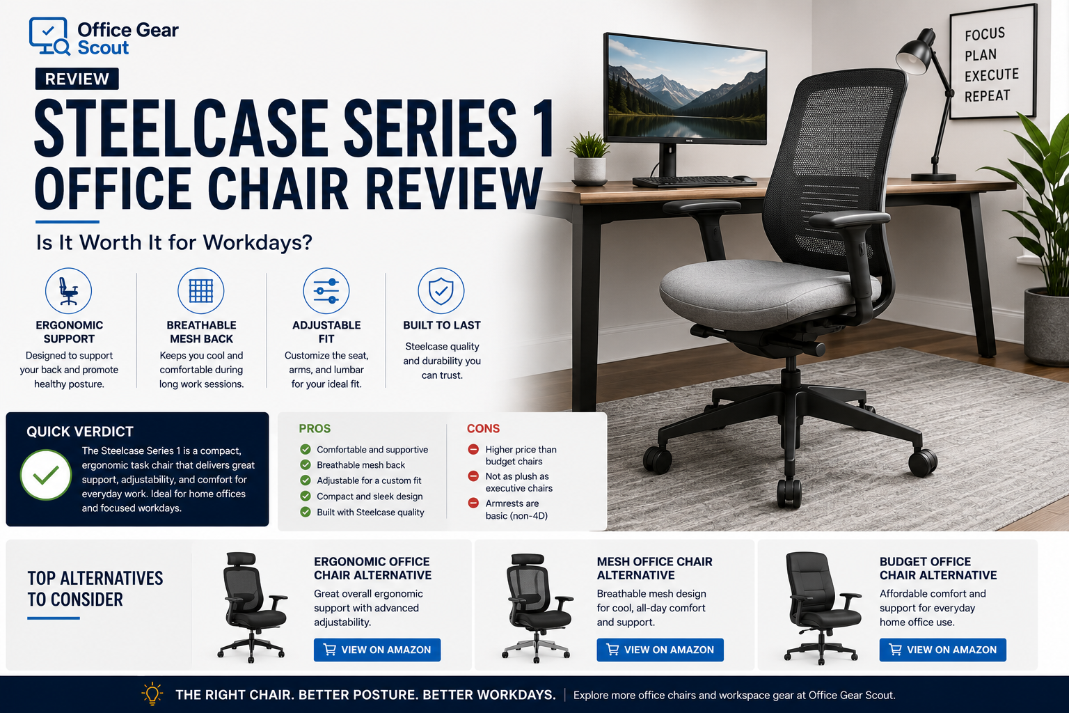 Steelcase Series 1 Office Chair review image featuring an ergonomic mesh office chair, lumbar support, adjustable armrests, modern desk setup, and alternative office chair options.