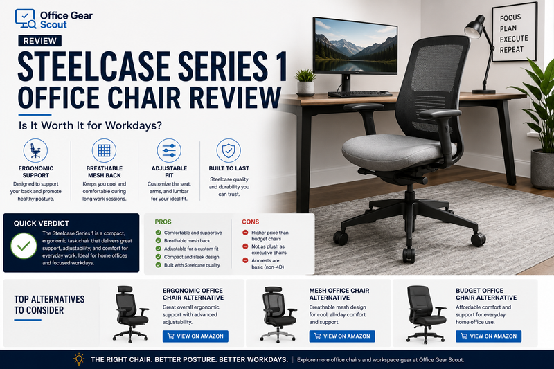 Steelcase Series 1 Office Chair review image featuring an ergonomic mesh office chair, lumbar support, adjustable armrests, modern desk setup, and alternative office chair options.