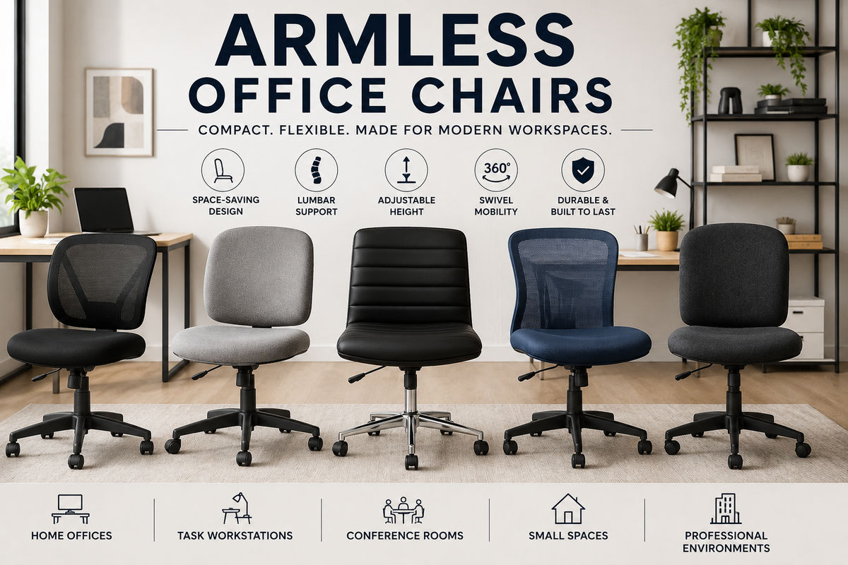 Armless office chairs collection featuring ergonomic armless office chairs, armless desk chairs, task chairs, swivel chairs, mesh armless office chairs, and compact home office seating.
