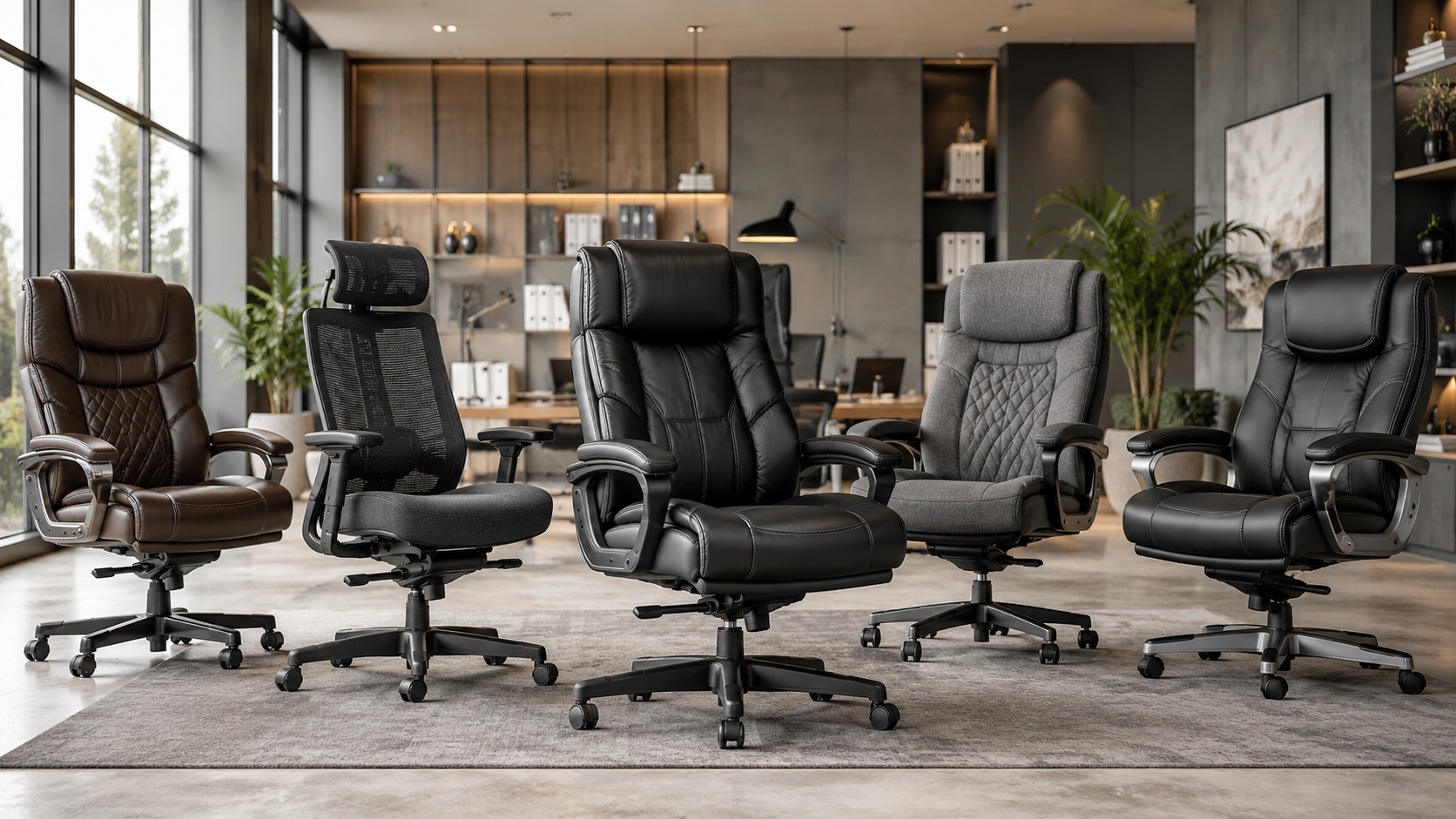 Big and tall office chairs collection image featuring heavy duty desk chairs, wide seat executive chairs, high-back computer chairs, lumbar support seating, reinforced bases, and comfortable home office workspaces.