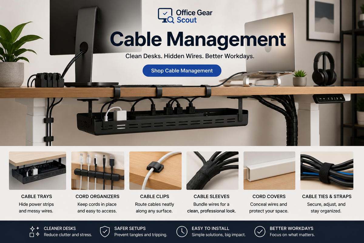 Cable Management collection image featuring under-desk cable trays, cord organizers, cable clips, wire organizers, cable sleeves, and clean modern workspace cable solutions.