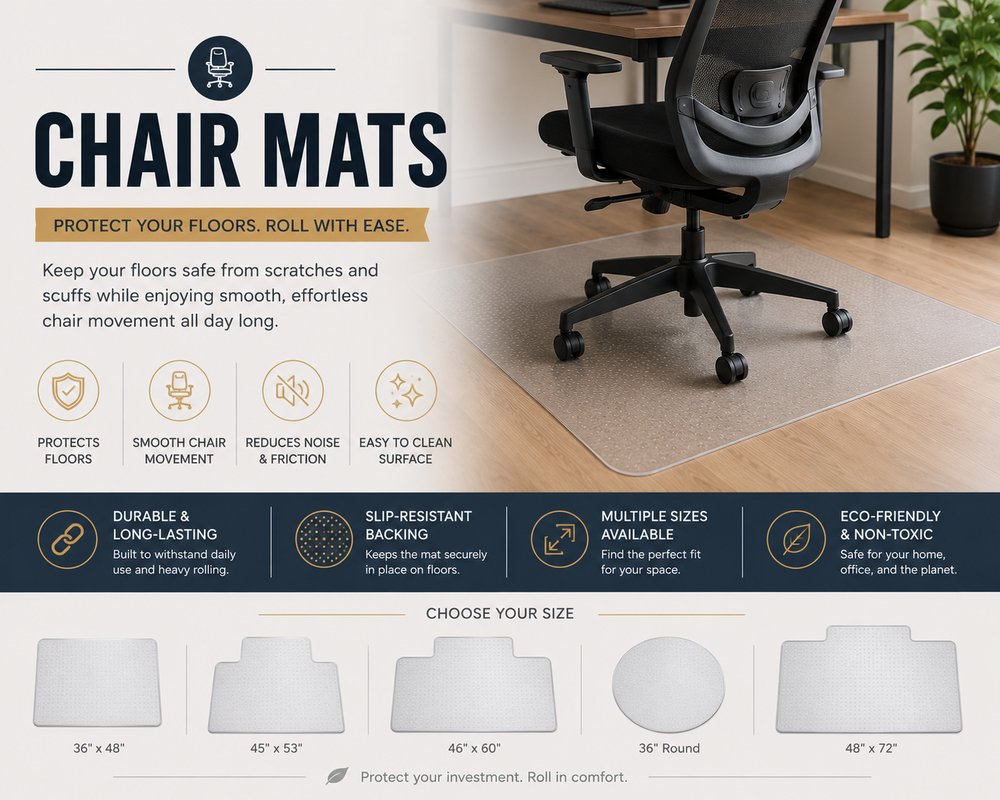 Chair mats collection image featuring office chair mats, rolling desk chair floor protectors, carpet chair mats, hardwood floor chair mats, and modern home office workspace setups.