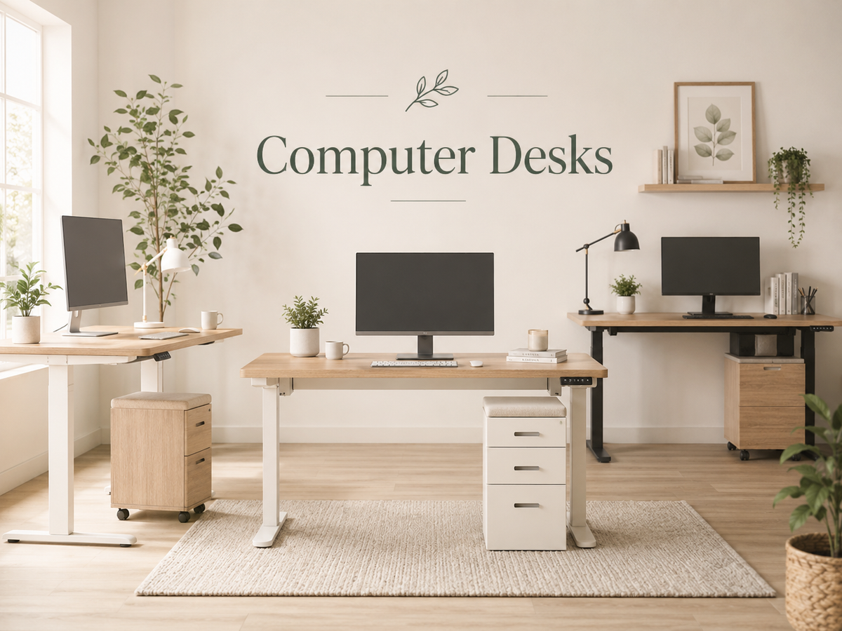Computer Desks collection image featuring office desks, writing desks, L-shaped desks, compact desks, gaming desks, and modern home office workstations.