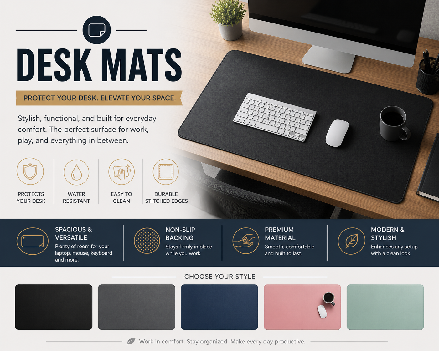 Desk mats collection image featuring large desk pads, leather desk mats, keyboard and mouse mats, writing desk pads, and clean modern home office workspace setups.