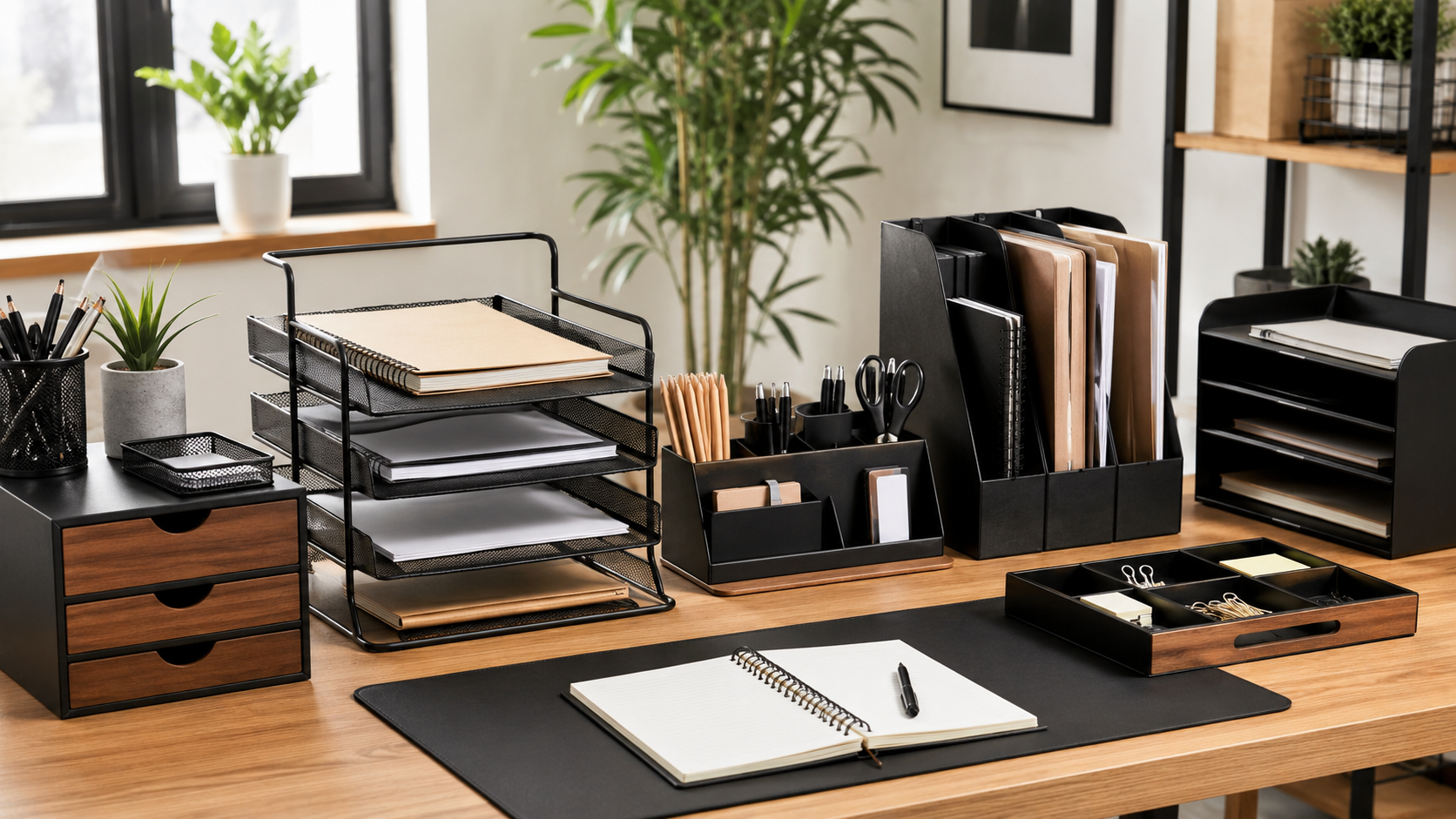Desk organizers collection image featuring desktop organizers, paper trays, pen holders, file holders, drawer organizers, and clean modern home office workspace storage.
