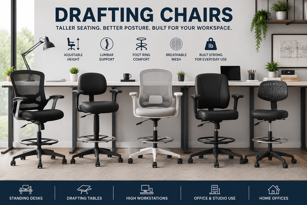 Drafting chairs collection featuring ergonomic drafting chairs, tall office chairs, mesh drafting chairs, drafting stools, standing desk chairs, and adjustable chairs with foot rings for home office and studio workspaces.