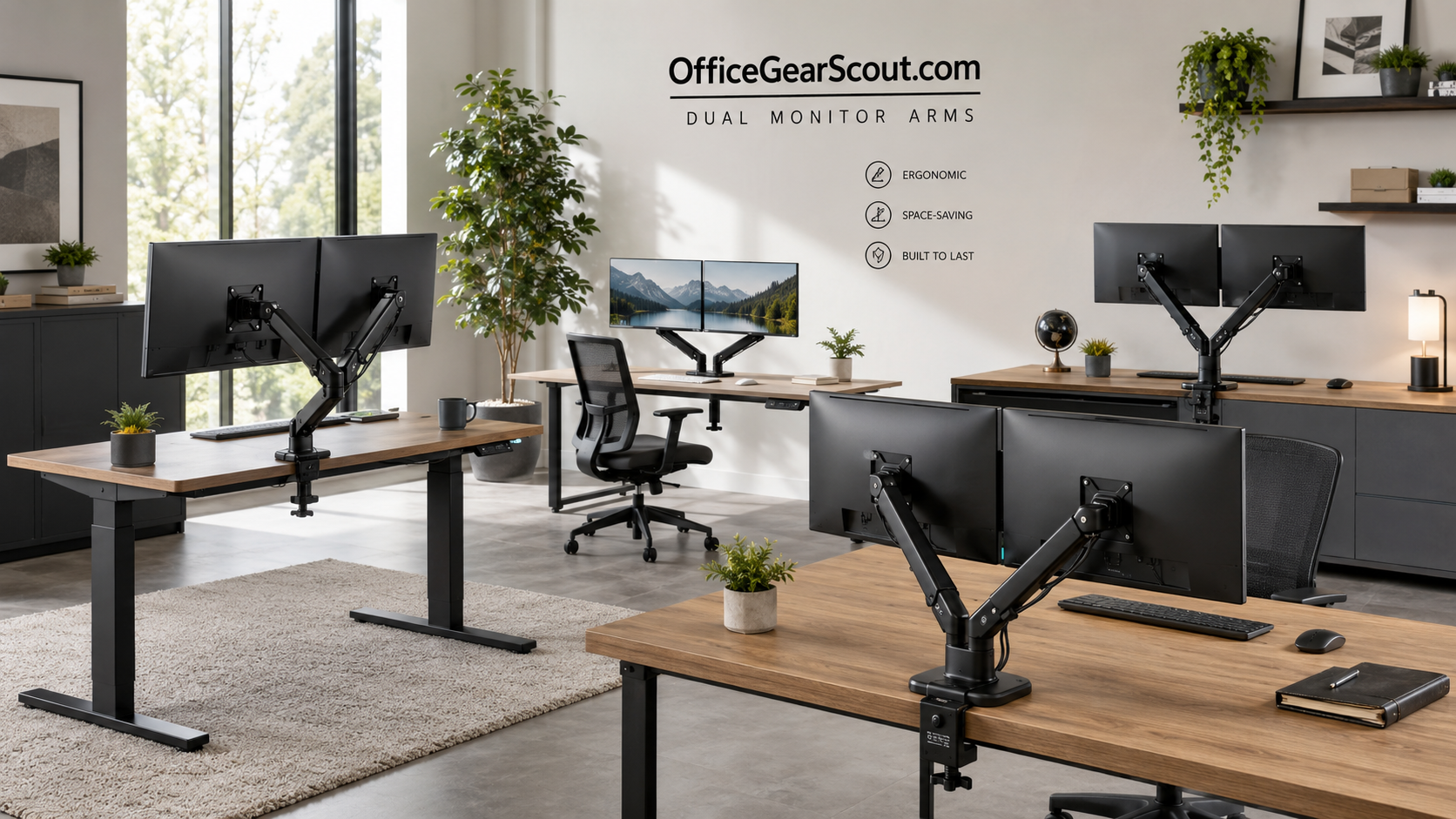 Dual monitor arms collection image featuring adjustable dual monitor mounts, two-screen desk arms, gas spring monitor arms, standing desk monitor setups, and modern ergonomic workstations.