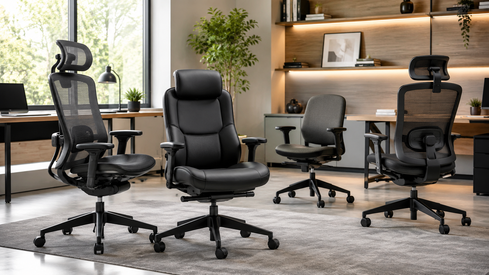Ergonomic office chairs collection image featuring lumbar support desk chairs, mesh office chairs, adjustable computer chairs, high back ergonomic chairs, and comfortable home office seating.