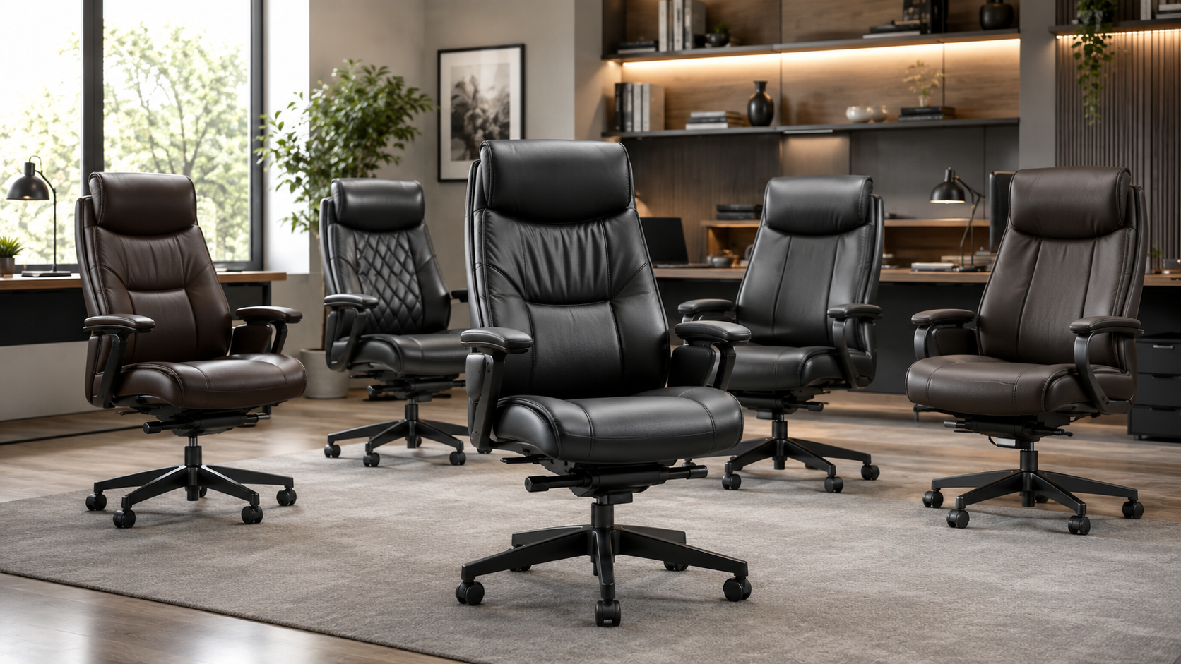 Executive office chairs collection image featuring high-back leather office chairs, padded executive desk chairs, swivel computer chairs, lumbar support seating, and professional home office workspaces.
