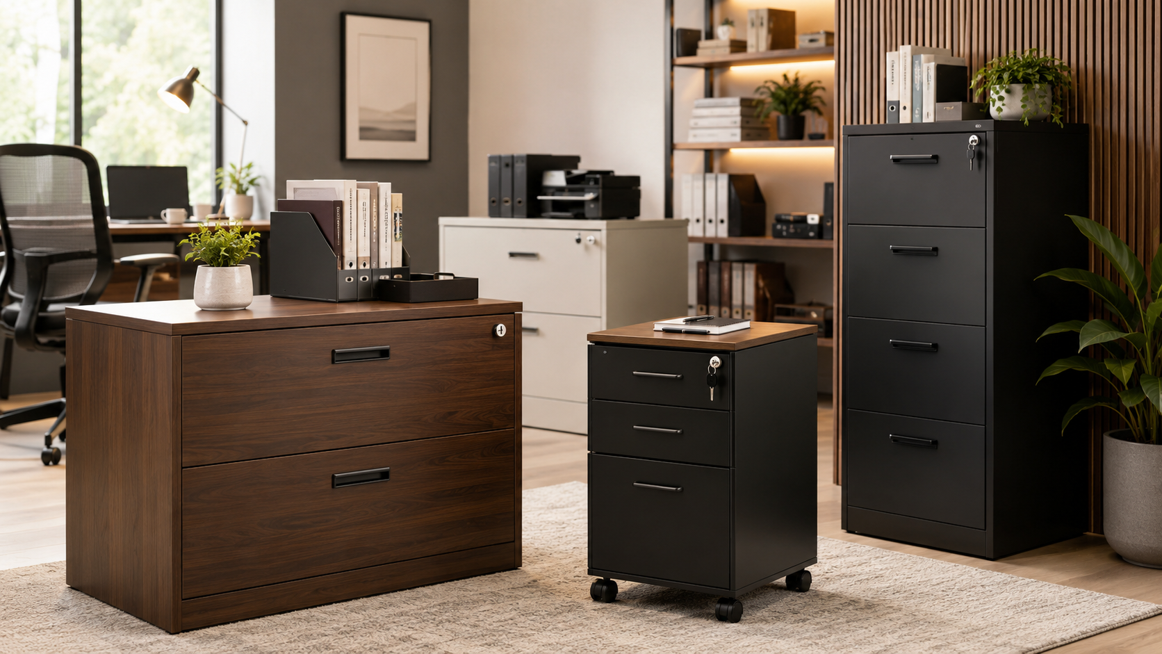 File cabinets collection image featuring home office filing cabinets, locking drawer cabinets, rolling file cabinets, lateral file storage, and organized workspace office storage solutions.