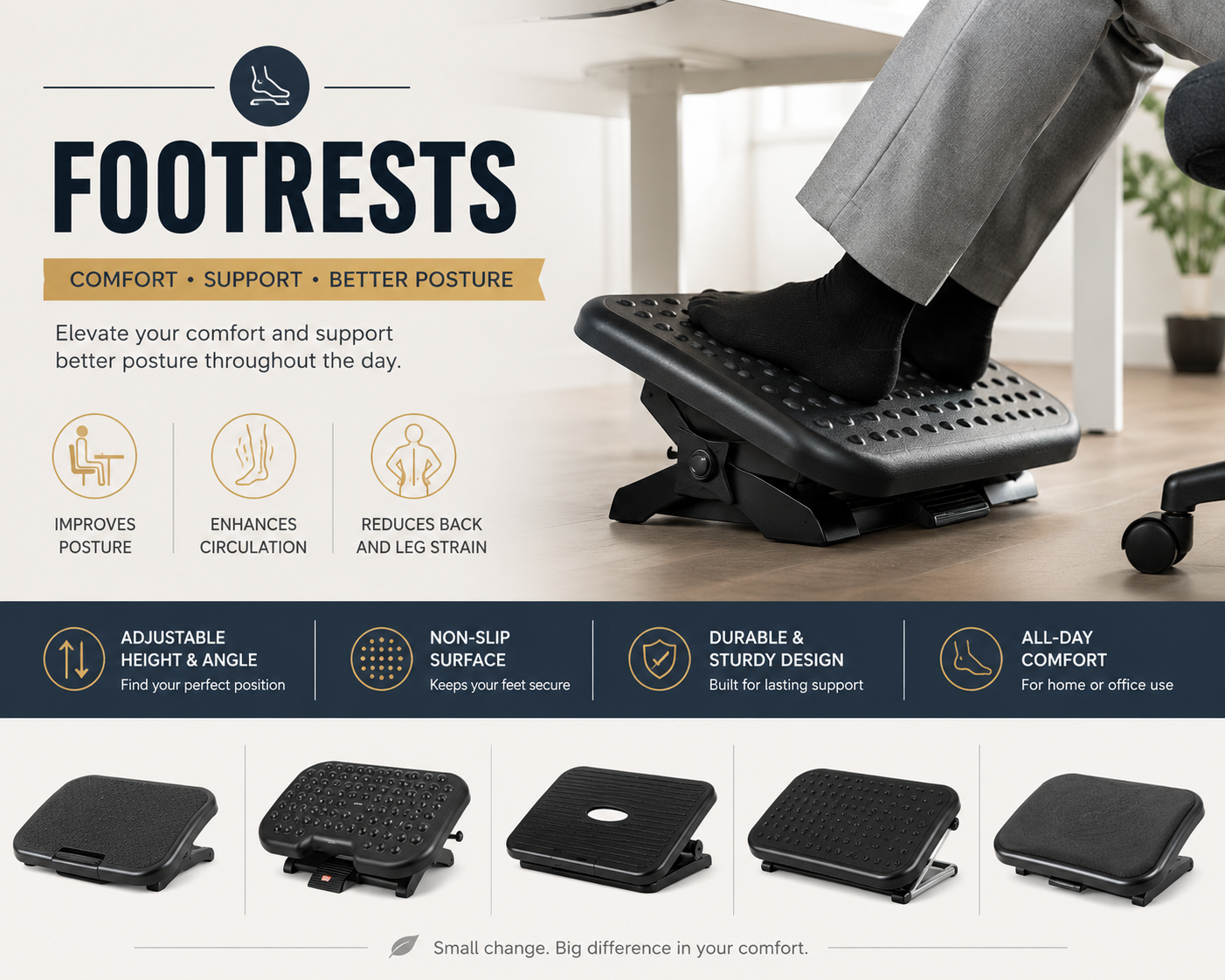 Footrests collection image featuring ergonomic under-desk footrests, adjustable office footrests, memory foam footrests, rocking footrests, and comfortable home office desk setups.