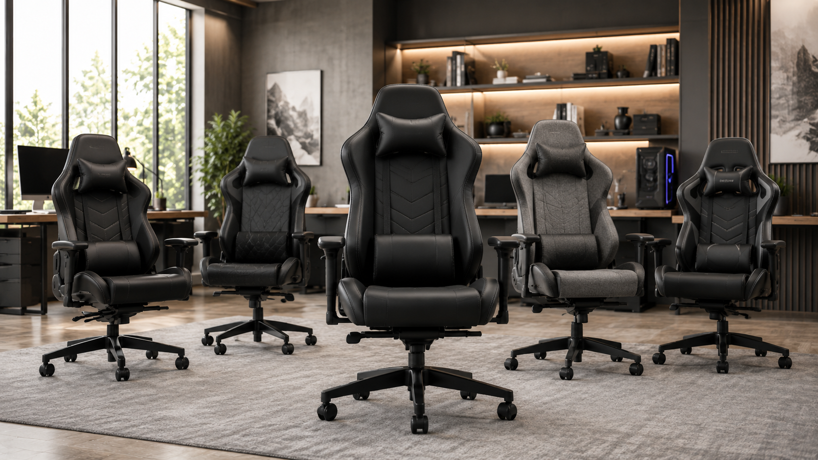 Gaming office chairs collection image featuring high-back gaming chairs, ergonomic computer chairs, reclining office gaming chairs, lumbar support seating, and modern home office gaming setups.