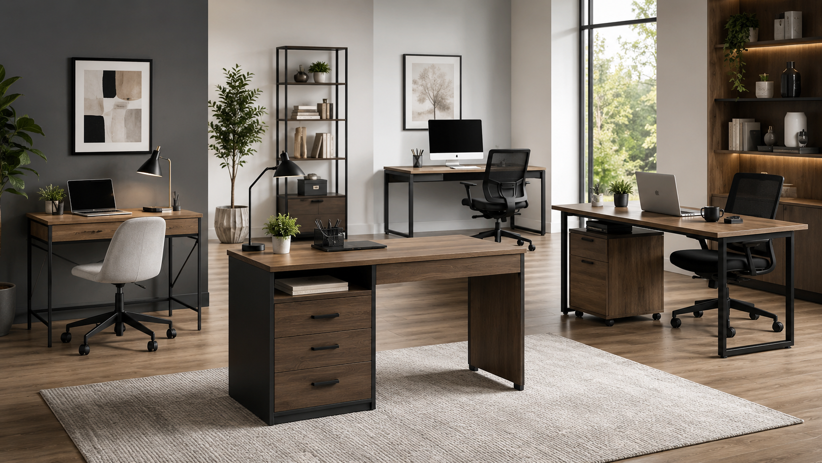 Home office desks collection image featuring modern work-from-home desks, compact office desks, computer workstations, desks with storage, and stylish remote work setups.