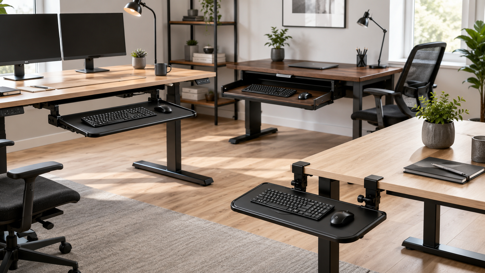 Keyboard trays collection image featuring under-desk keyboard trays, sliding keyboard drawers, clamp-on keyboard shelves, ergonomic keyboard platforms, and space-saving home office desk setups.