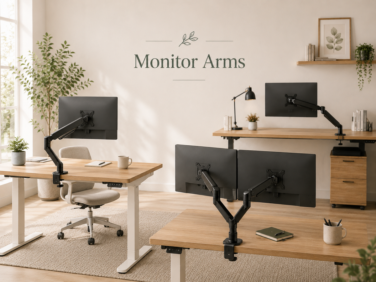 Monitor Arms collection image featuring single monitor arms, dual monitor arms, adjustable desk monitor mounts, monitor stands, and ergonomic screen setup gear in a clean modern workspace.