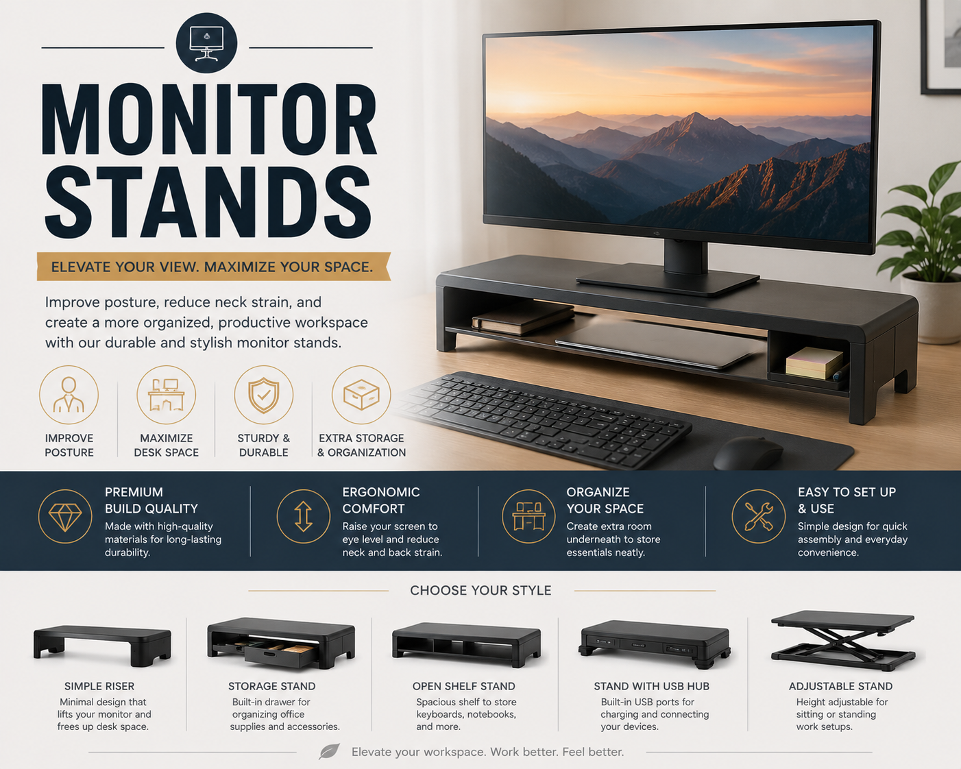 Monitor stands collection image featuring desktop monitor risers, computer monitor stands, dual monitor stands, monitor shelves with storage, and clean ergonomic home office desk setups.