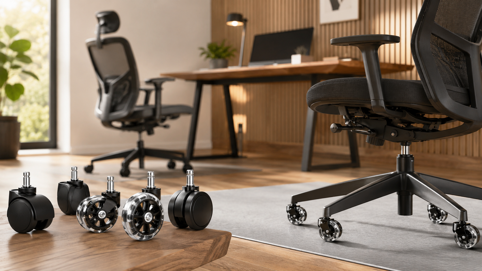 Office chair wheels collection image featuring replacement office chair casters, rollerblade-style chair wheels, hardwood floor chair wheels, smooth rolling desk chair wheels, and home office chair upgrades.