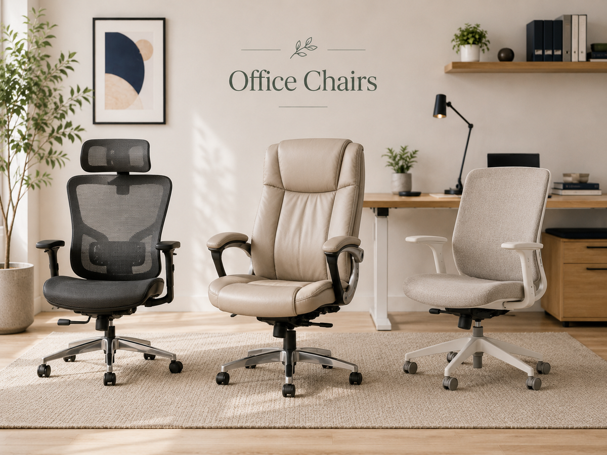 Office Chairs collection image featuring ergonomic office chairs, mesh desk chairs, task chairs, executive chairs, and comfortable seating in a clean modern workspace.