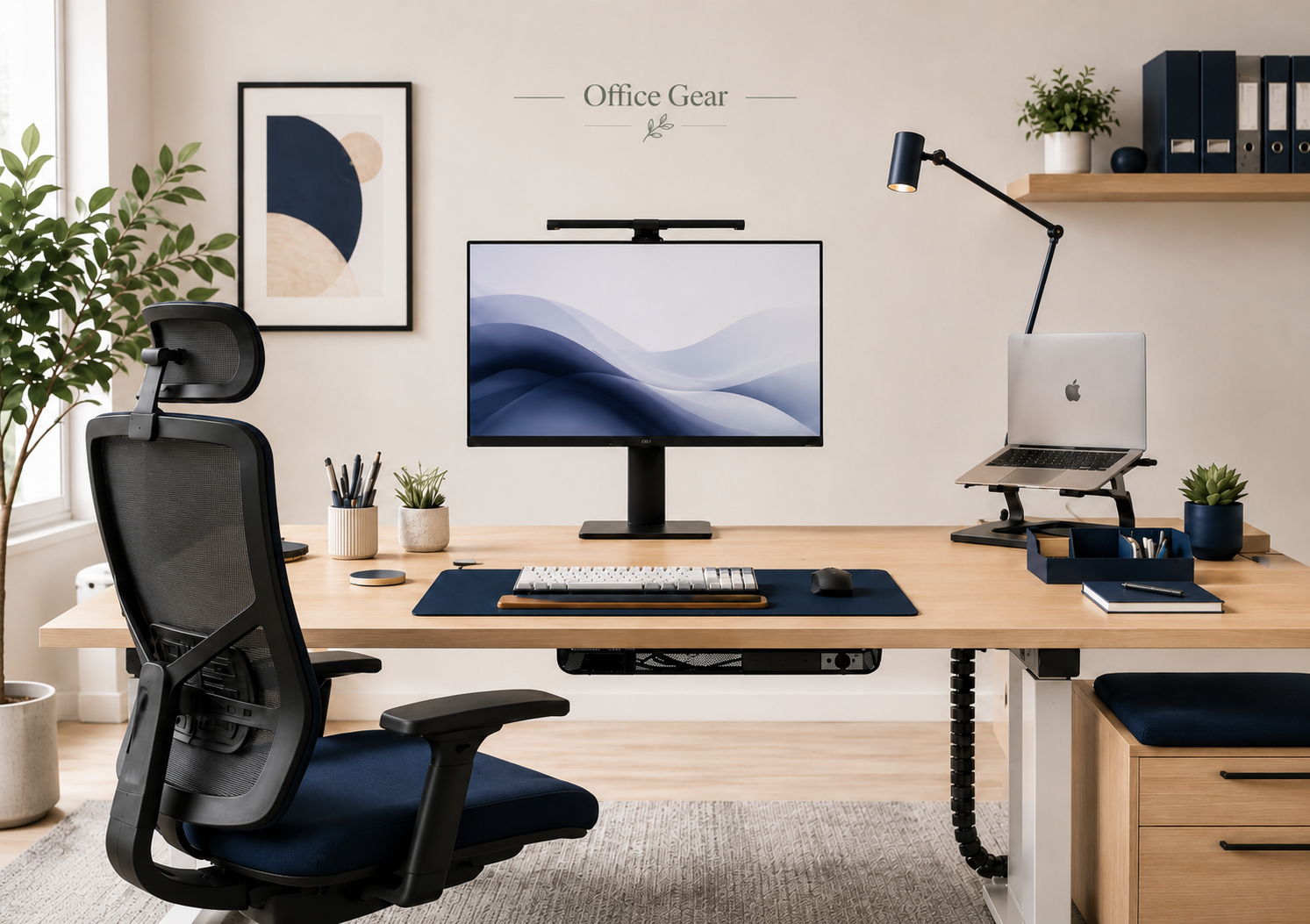 Office Gear collection image featuring office chairs, standing desks, computer desks, monitor arms, laptop stands, desk lamps, webcams, microphones, cable management, and office storage in a clean modern workspace.