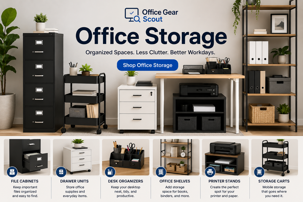 Office Storage collection image featuring file cabinets, filing cabinets, desk organizers, drawer units, office shelves, printer stands, and workspace organization products in a clean modern office.