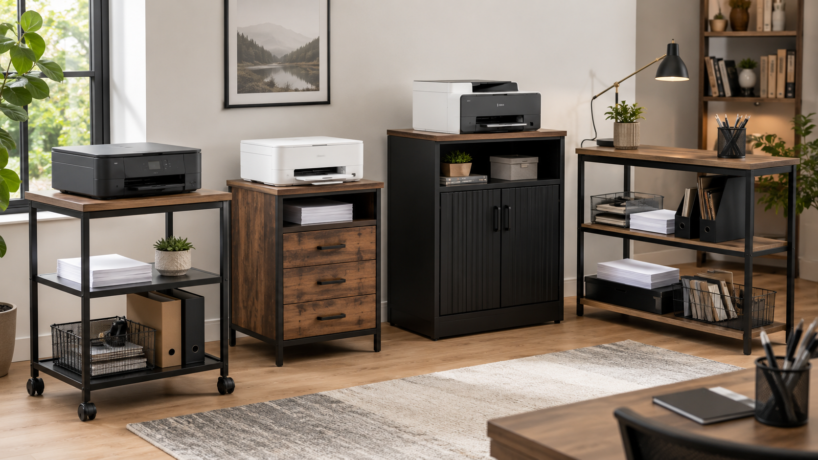 Printer stands collection image featuring rolling printer carts, printer tables, office printer stands with shelves, printer storage cabinets, and organized home office workspace setups.
