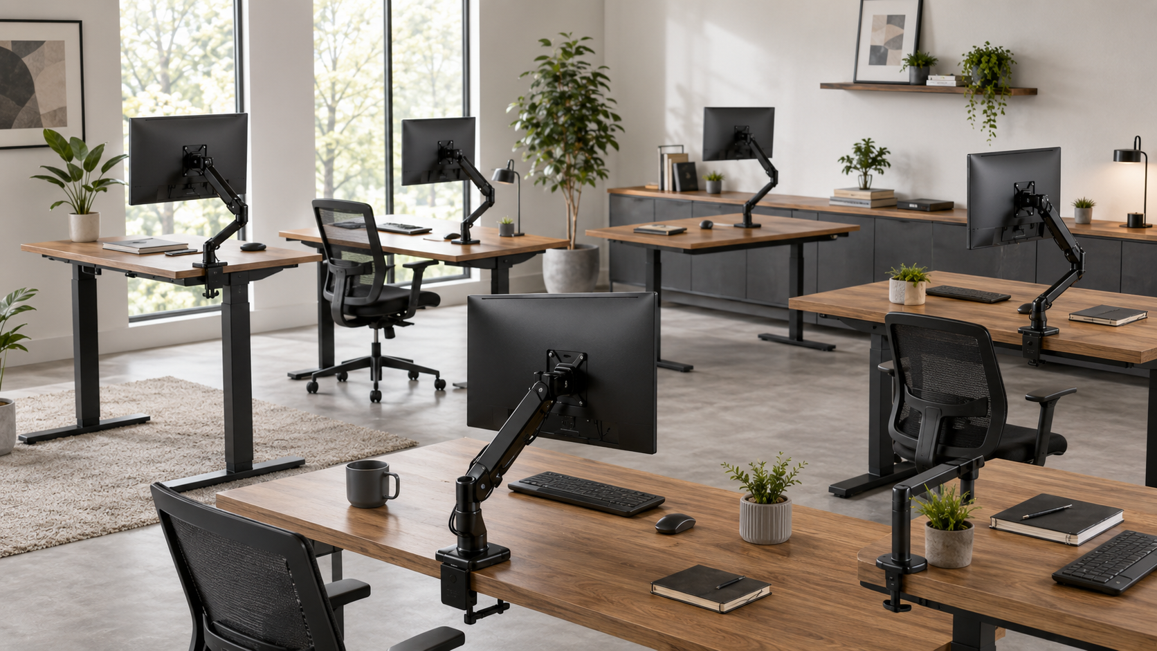 Single monitor arms collection image featuring adjustable desk monitor mounts, gas spring monitor arms, clamp monitor stands, ergonomic screen positioning, and modern home office workstations.