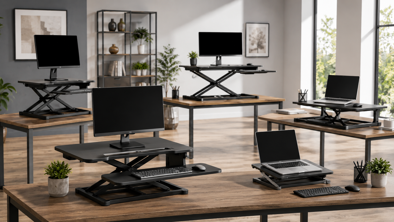 Standing desk converters collection image featuring sit-stand desk risers, desktop workstations, dual monitor converters, keyboard tray setups, and ergonomic home office desk solutions.