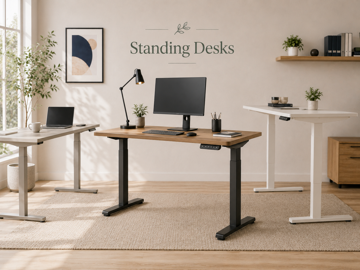 Standing Desks collection image featuring adjustable standing desks, electric standing desks, sit-stand desks, height-adjustable desks, and modern home office workstations.