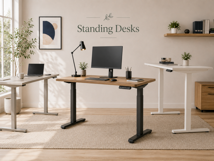 Standing Desks collection image featuring adjustable standing desks, electric standing desks, sit-stand desks, height-adjustable desks, and modern home office workstations.