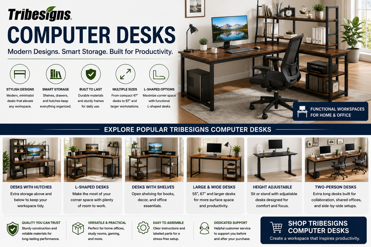 Tribesigns computer desks collection featuring Tribesigns computer desks, L-shaped computer desks, desks with hutches, storage shelves, 55-inch desks, 67-inch desks, two-person workstations, and modern home office desks.