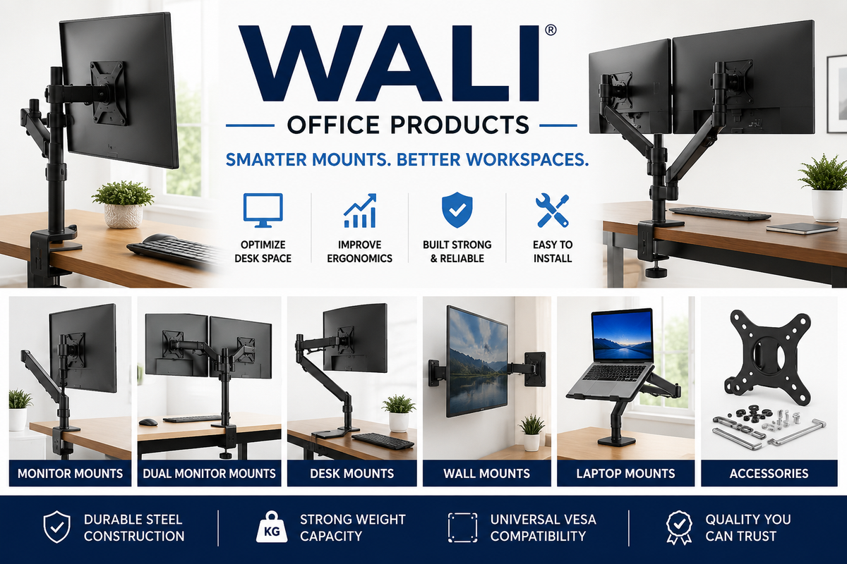 WALI collection featuring WALI monitor mounts, dual monitor mounts, desk mounts, monitor arms, VESA mount adapters, laptop mounts, wall mounts, and office accessories.