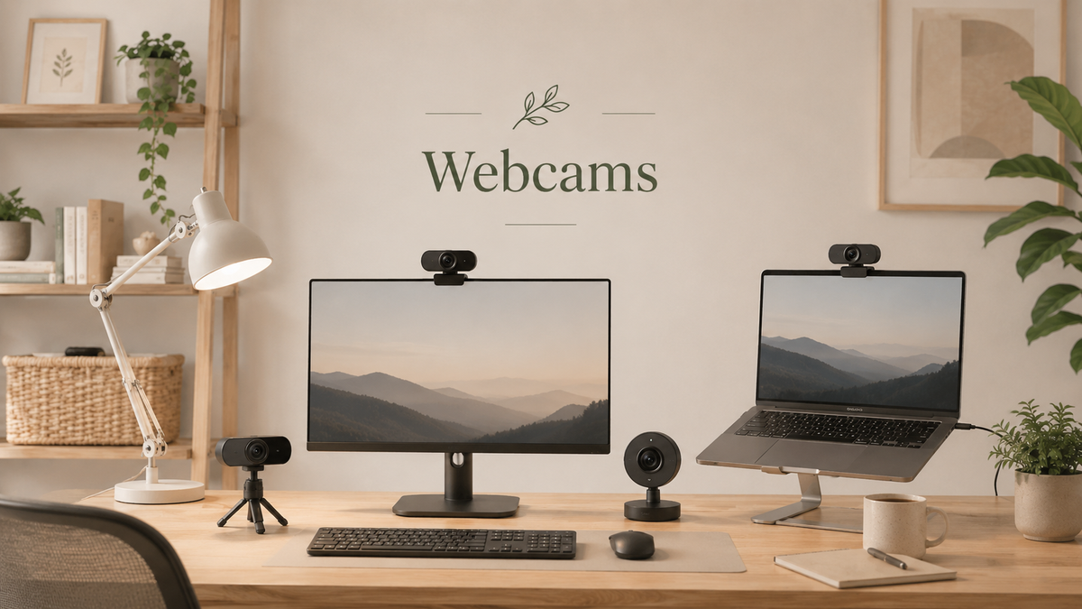 Webcams collection image featuring office webcams, streaming webcams, conference webcams, USB webcams, 1080p webcams, 4K webcams, and video call cameras in a clean modern workspace.