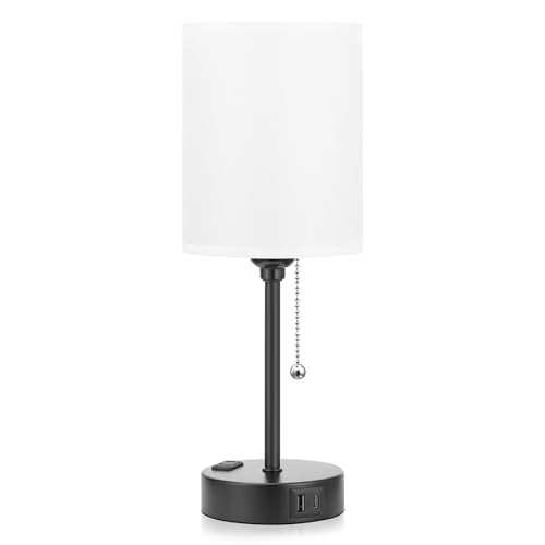 Small Bedside Table lamp for Bedroom - 3 Color Temperatures Bedside Lamps with USB C and A Ports, Pull Chain Table Lamps with AC Outlet, White Nightstand Lamps with Black Metal Base for Kids Reading