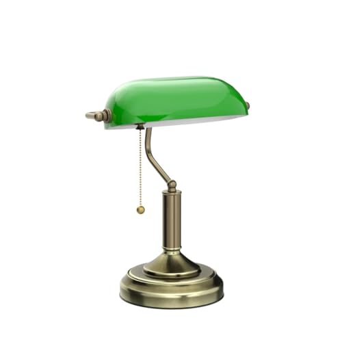 TORCHSTAR Green Glass Bankers Desk Lamp, Antique Desk Lamps with Brass Finish Base, Traditional Library Lamp with Pull Chain, E26 Base, Vintage Desk Lamp for Office, Study Room