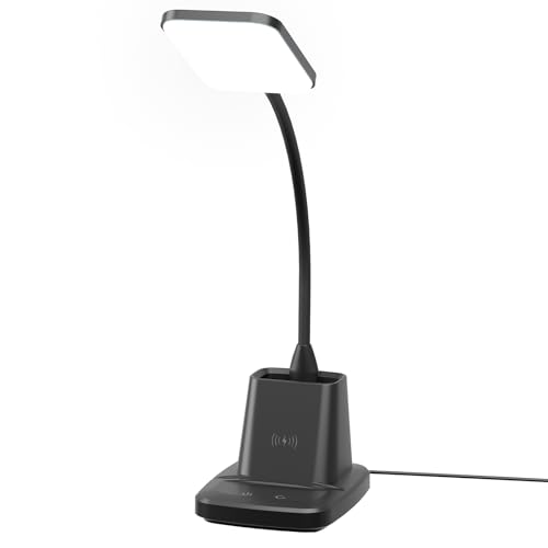 Sailstar Desk Lamp, LED Desk Lamps for Home Office, Wireless Charger Small Desk Lamp with Pen Holder, 3 Color Modes, Dimmable, CRI 85, 800LM, Study Lamps for College Dorm Room, Adapter Included, Black