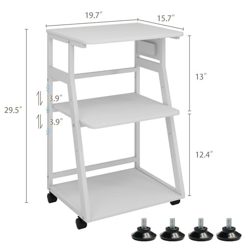 Natwind 19.7"x15.7" Printer Stand,3 Tier Printer Table with Charging Station, Rolling Cart with Adjustable Storage Shelf for Home Office Organization, Stand for Heat Press,3D Printer (White)