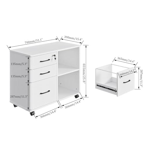 Panana 3 Drawer Office File Cabinets, Mobile Lateral Printer Stand with Open Storage Shelf, Rolling Filing Cabinet with Wheels Home Office Organization and Storage (White)