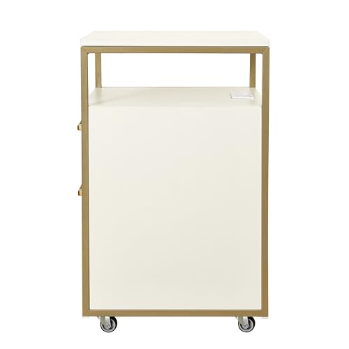 Modern 2-Drawer Rolling File Cabinet with Lock, 2 USB Ports and Power Outlet for Device Charging, Portable File Organizer or Printer Stand for Office or Home with Locking Wheels, White & Gold