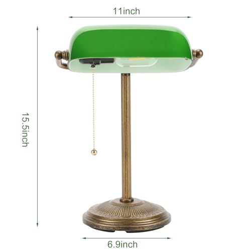 NISSAFORS Bankers Desk Lamp, Green Glass Shade, Vintage Desk Lamp with Pull Chain Switch, Retro Table Lamps for Home Office(Retro Gold+Green, Small)