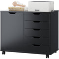 DUMOS 5 Drawer File Cabinet Office Drawers Organizer with Wheels Rolling, Under Desk Cabinets with Shelves and Door Printer Stand with Wood Board Metal Frame for Home Office Storage Craft Room, Black