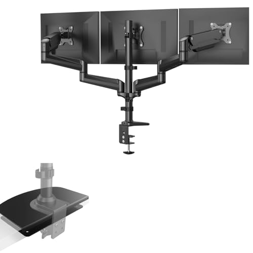 HUANUO Triple Monitor Mount for 17 to 32 inch Screens, Steel Monitor Mount Reinforcement Plate for Thin, Glass and Other Fragile Tabletop