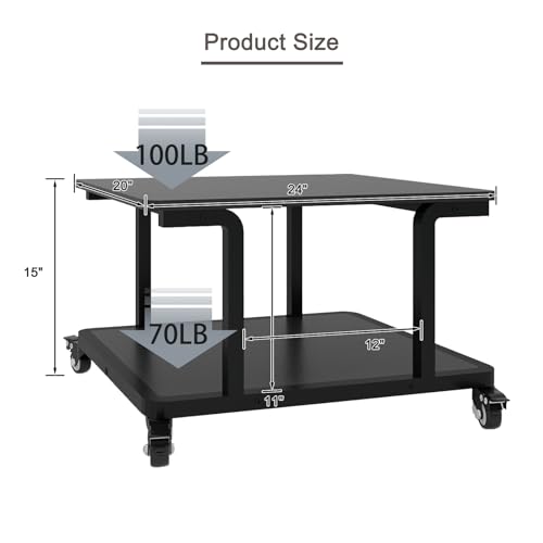 Natwind 2 Tier Laser Printer Stand,24''x20''x15'' Large Printer Table Copier Stand Under Desk,Heavy Duty Rolling Cart with Paper Storage Shelf,Printer Holder on Wheels for Home Office (Black)