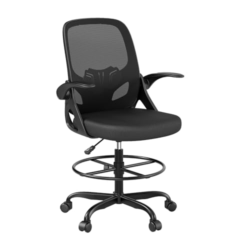 Kensaker Drafting Chair Tall Office Chair, Ergonomic Standing Desk Chair with Adjustable Foot Ring and Flip-up Armrests, Mesh Computer Chair for Art Studio, 300 LBS, Black