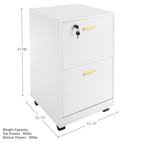 Lavish Home 2 Drawer File Cabinet - Filing Cabinet with Lock - Rolling File Cabinet for Under Desk Storage - Wood Filing Cabinet for Home or Office Organization (White)
